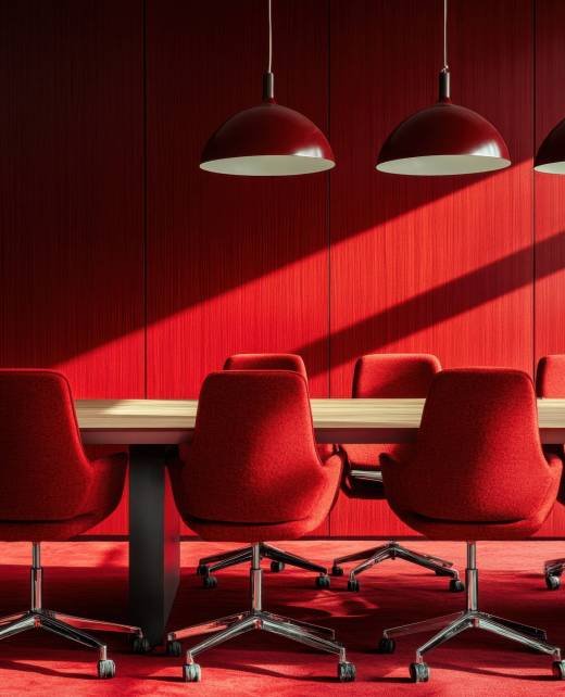 Modern office conference room with red chairs and pendant lights, creating a vibrant and contemporary workspace atmosphere. Modern office conference room with red chairs and pendant lights, creating a vibrant and contemporary workspace atmosphere.