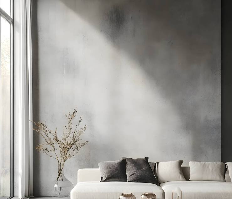 Japandi, minimalist, loft interior design of modern living room with concrete wall.